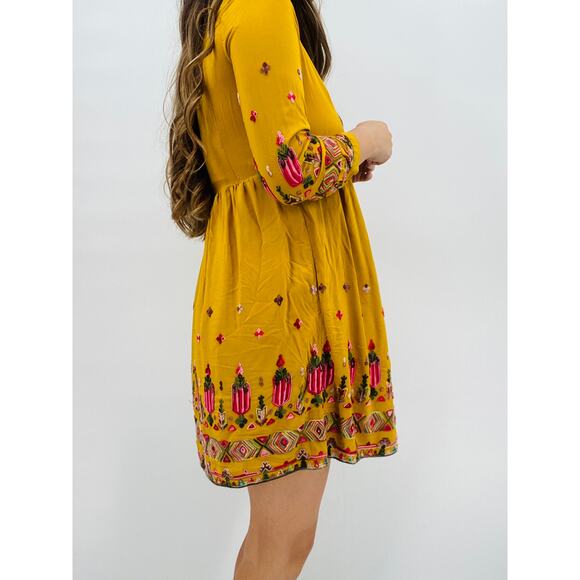 Anthropologie Floreat Mustard Yellow Embroidered Long Sleeve Babydoll Dress - Picture 3 of 5